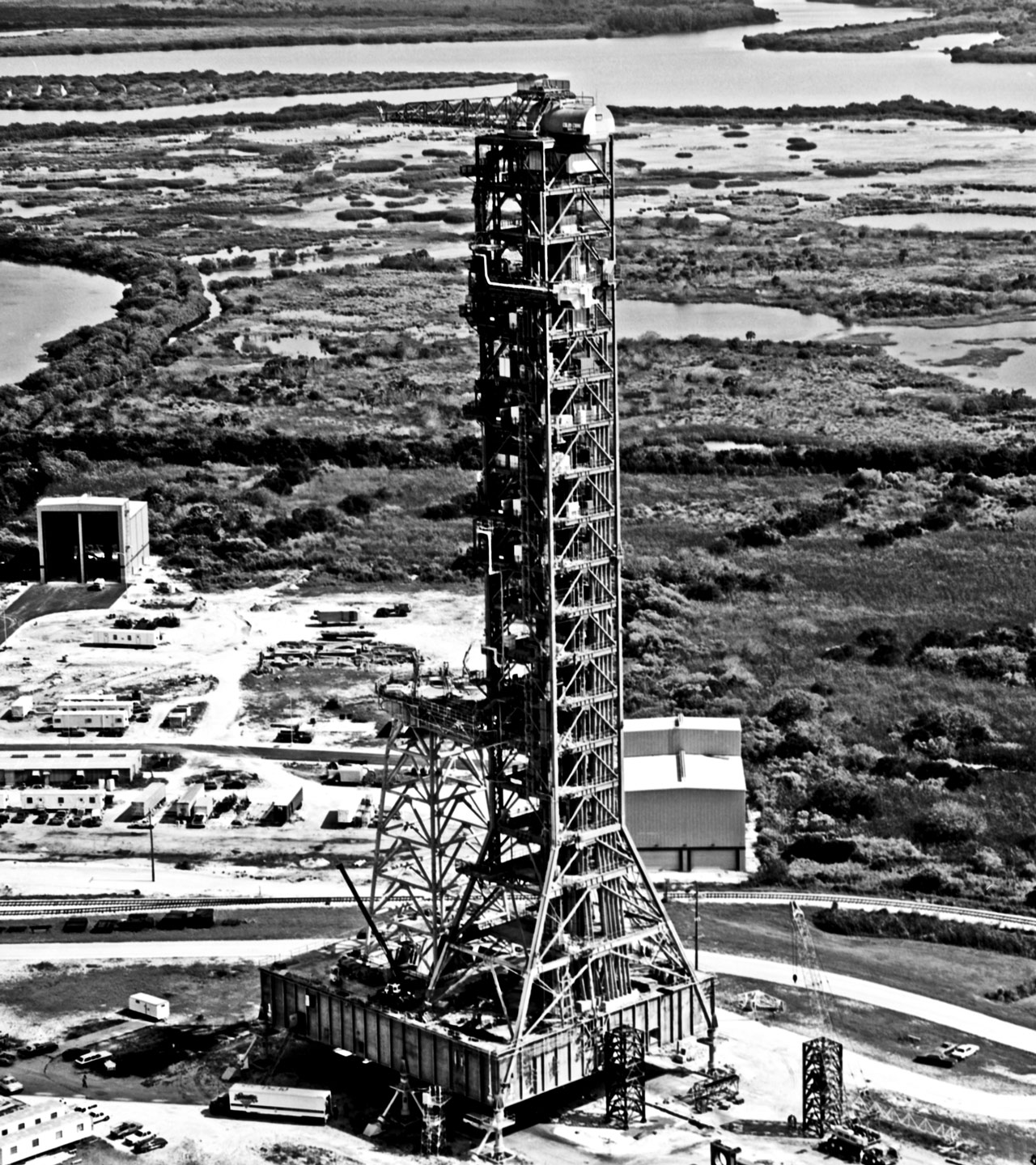 2. AERIAL VIEW SHOWING SIDES 3 AND 4 OF MOBILE LAUNCHER. - Mobile Launcher One, Kennedy Space Center, Titusville, Brevard County, FL